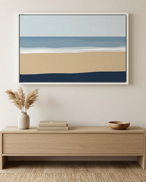 Mifko Coastal Horizon Floating Frame Canvas Sand Navy - Lifestyle view
